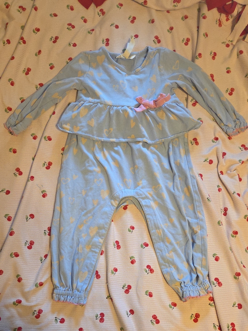 Matilda Jane Light Blue Heart Peplum One-Piece with Pink Bow